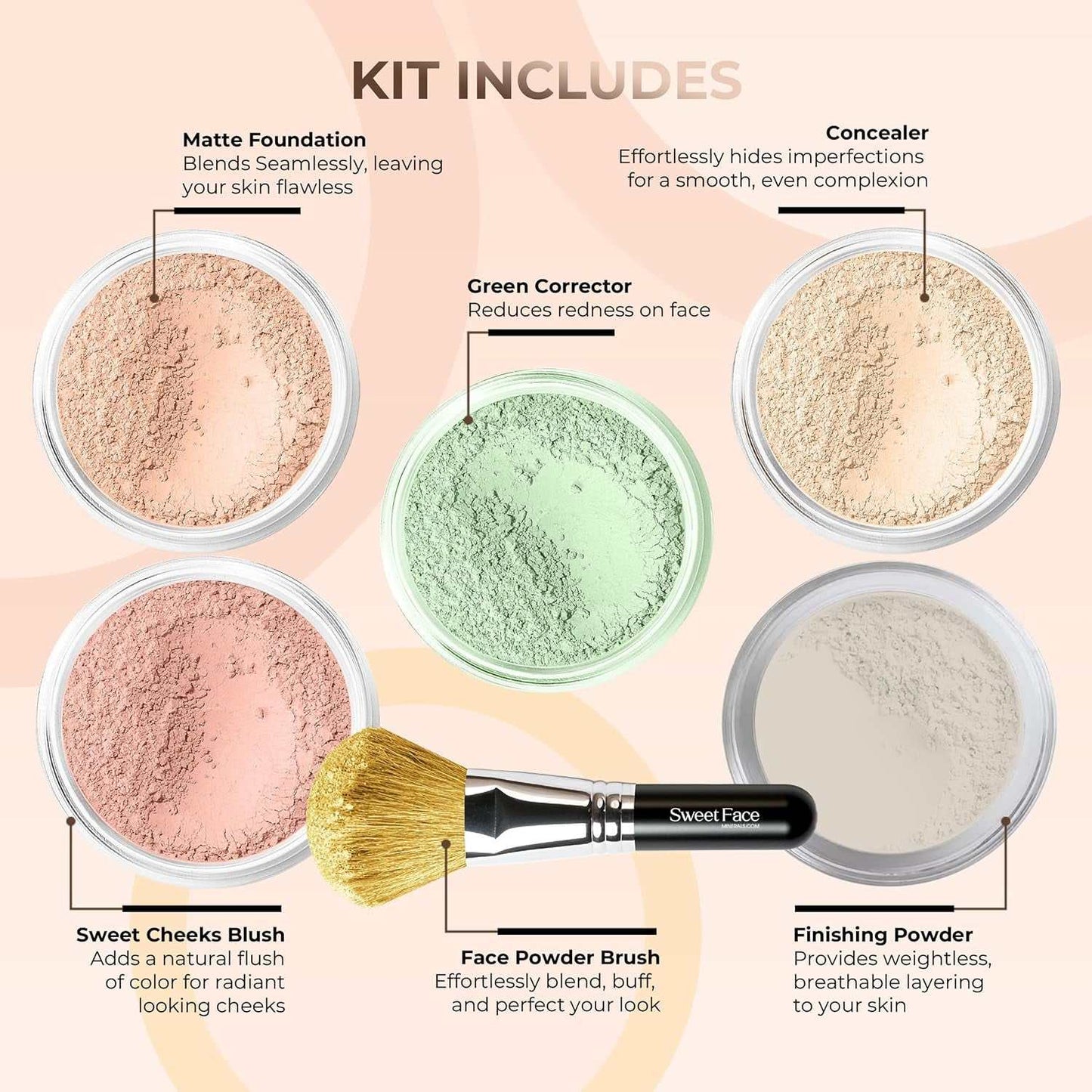 5Pc KIT W/Face BRUSH (PINK BISQUE) Mineral Makeup Kit Set Full Size Powder Bare Skin Matte Foundation