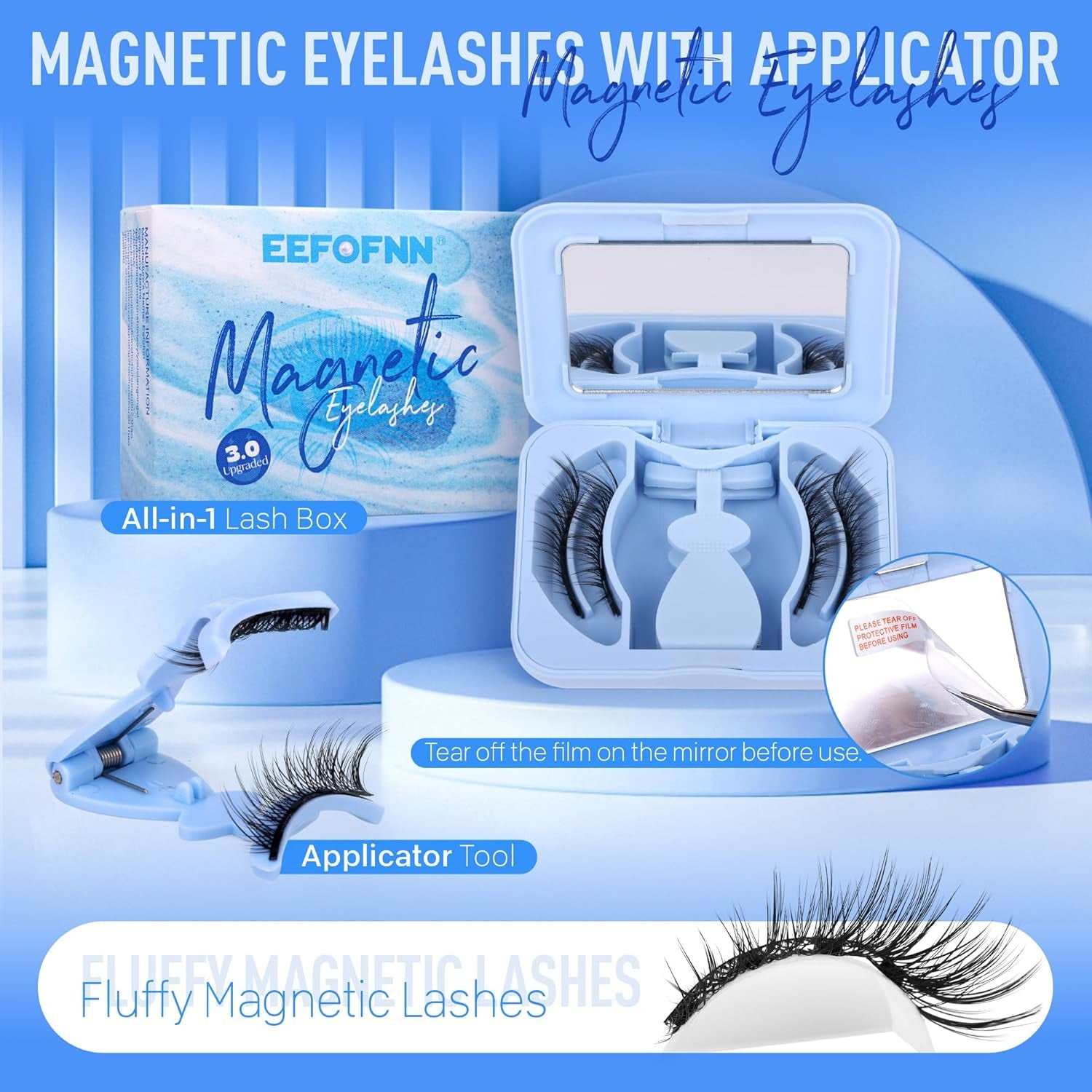Magnetic Eyelashes with Applicator Magnetic Lashes Fluffy Magnetic Eyelashes without Eyeliner Natural Look Cat Eye Eyelashes Magnetic Lashes with Clamp Reusable No Glue False Eyelashes by